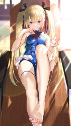 Rule 34 | azur lane, barefoot, beach, black bow, black ribbon, blonde hair, blue leotard, blue one-piece swimsuit, bow, breasts, day, dead or alive, feet, frilled leotard, frilled swimsuit, frills, hair between eyes, hair bow, hair ornament, hair ribbon, highres, leotard, looking at viewer, marie rose, nail polish, nanaken nana, one-piece swimsuit, one side up, red neckwear, red ribbon, ribbon, sitting, small breasts, solo, sunlight, swimsuit, toenail polish, toenails, toes, twintails, x hair ornament