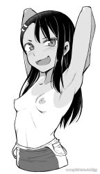 Rule 34 | 1girl, absurdres, armpits, black hair, blush, breasts, clothes pull, collarbone, cropped torso, fang, geewhy, greyscale, highres, ijiranaide nagatoro-san, long hair, looking at viewer, looking to the side, monochrome, nagatoro hayase, nipples, one-piece swimsuit, one-piece swimsuit pull, simple background, small breasts, solo, swimsuit, tan, tanline, watermark, web address, white background