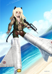 Rule 34 | 1girl, animal ears, assault rifle, barbariank, beach, black bra, blonde hair, blue sky, bra, breasts, brown pantyhose, bullpup, cat ears, cat tail, cleavage, cloud, crotch seam, day, dutch angle, eyebrows, famas, flak jacket, flying, french flag, glasses, gun, highres, jacket, ocean, outdoors, panties, panties under pantyhose, pantyhose, perrine h. clostermann, rifle, semi-rimless eyewear, sky, small breasts, solo, strike witches, striker unit, tail, trigger discipline, under-rim eyewear, underwear, unzipped, weapon, world witches series, yellow eyes