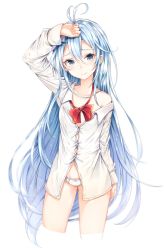 Rule 34 | 1girl, antenna hair, arm at side, bad id, bad tumblr id, blue eyes, blue hair, bow, bowtie, buttons, closed mouth, collarbone, cowboy shot, cropped legs, denpa onna to seishun otoko, flat chest, hair between eyes, hand on forehead, head tilt, highres, long hair, long sleeves, navel, neko sensha, off shoulder, panties, red bow, red bowtie, shirt, simple background, smile, solo, standing, touwa erio, underwear, very long hair, white background, white panties, white shirt