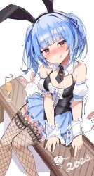 Rule 34 | 1girl, 2023, :q, animal ears, bare shoulders, black leotard, blue hair, blue ribbon, blue skirt, blunt bangs, breasts, cleavage, closed mouth, collar, cup, detached collar, detached sleeves, drinking glass, drunk, fake animal ears, feet out of frame, fishnet thighhighs, fishnets, hair ribbon, highres, hololive, leotard, looking at viewer, miniskirt, orange eyes, orobou, pleated skirt, rabbit-shaped pupils, rabbit ears, ribbon, short eyebrows, simple background, sitting, skirt, small breasts, solo, symbol-shaped pupils, thick eyebrows, thighhighs, tongue, tongue out, usada pekora, usada pekora (furi furi bunny dress), virtual youtuber, white background, white collar, wrist cuffs