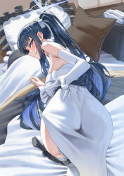 Rule 34 | 1girl, absurdres, all fours, ass, back, bare shoulders, bed, black hair, blue archive, blue hair, blush, breasts, clenched teeth, cushion, dress, elbow gloves, garter straps, gloves, halo, highres, knife, long hair, looking at viewer, multicolored hair, phone, pillow, ponytail, purple eyes, s.jeti, saori (blue archive), saori (dress) (blue archive), sheath, sheathed, solo, teeth, thigh sheath, thighhighs, two-tone hair, white dress, white gloves, white thighhighs