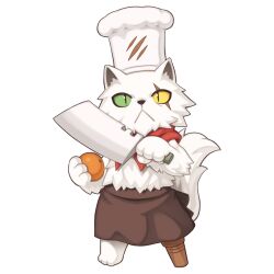 Rule 34 | 1boy, :&lt;, animal ears, apron, brown apron, cat boy, cat ears, cat tail, chef, chef hat, chef nyas, chibi, chibi only, closed mouth, colored sclera, food, fruit, full body, furry, furry male, green sclera, hat, holding, holding cleaver, holding food, holding fruit, looking at viewer, male focus, mismatched sclera, neckerchief, official art, orange (fruit), peg leg, ragnarok online, red neckerchief, scar, scar across eye, simple background, solo, tail, topless male, transparent background, waist apron, white hat, yellow sclera, yuichirou