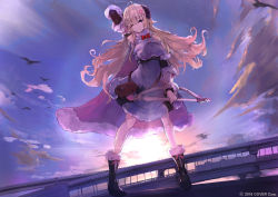Rule 34 | 1girl, ahoge, arm up, bird, black footwear, blonde hair, boots, breasts, cloud, company name, curled horns, detached sleeves, dress, fur-trimmed dress, fur collar, fur trim, hair ornament, hairclip, harp, highres, hololive, horns, instrument, large breasts, long hair, one eye closed, outdoors, sheep girl, sheep horns, sky, smile, solo, standing, sunset, tsumeki, tsunomaki watame, tsunomaki watame (1st costume), very long hair, virtual youtuber