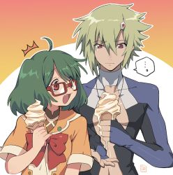Rule 34 | ..., 1boy, 1girl, ahoge, bespectacled, blonde hair, bodysuit, brera sterne, brother and sister, fang, food, glasses, green hair, holding, holding food, ice cream, ice cream cone, ice cream cone spill, kinako (462), macross, macross frontier, melting, open mouth, ranka lee, red eyes, school uniform, shiny clothes, short hair, siblings, skin tight, soft serve