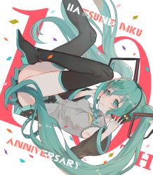 Rule 34 | 1girl, anniversary, aqua eyes, aqua hair, aqua nails, armpits, ass, boots, breasts, character name, confetti, detached sleeves, eyelashes, falling, hands up, hatsune miku, headphones, highres, kirudai, light smile, lips, long hair, nail polish, necktie, pleated skirt, simple background, skirt, small breasts, solo, thigh boots, thighhighs, thighs, twintails, very long hair, vest, vocaloid, white background