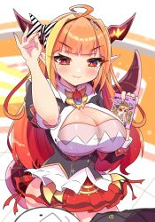 Rule 34 | 1girl, ahoge, asacoco, black hairband, black jacket, black suit, blonde hair, blunt bangs, blush, bow, bowtie, breasts, brooch, cleavage, cleavage cutout, closed mouth, clothing cutout, collared shirt, diagonal-striped bow, dragon girl, dragon horns, dragon tail, drugs, emoticon, fangs, fingernails, formal, gem, hair ornament, hairband, hand up, highres, hip vent, holding, hololive, horn bow, horn ornament, horns, indoors, jacket, jewelry, kiryu coco, kiryu coco (1st costume), lapel pin, large breasts, long hair, looking at another, lying, meme, miniskirt, multicolored eyes, multicolored hair, on back, orange hair, pleated skirt, pointy ears, purple eyes, red eyes, red skirt, sakuramochi (sakura frappe), salt bae (meme), scales, shirt, side-tie skirt, skin fangs, skirt, smile, solo focus, streaked hair, striped, suit, tail, virtual youtuber, white shirt, wings