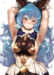 Rule 34 | 1girl, absurdres, animal ears, areola slip, armpit focus, armpits, arms behind head, arms up, backless dress, backless outfit, blue hair, blush, breasts, closed mouth, commentary request, dress, earrings, erune, ferry (granblue fantasy), frilled gloves, frills, gloves, granblue fantasy, hero neisan, highres, jewelry, long hair, looking at viewer, medium breasts, presenting armpit, rabbit ears, sideboob, sideless outfit, single earring, smell, solo, sweat, wavy hair, yellow eyes