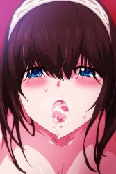 Rule 34 | 1girl, absurdres, after fellatio, blue eyes, blush, brown hair, commission, cum, cum in mouth, cum on tongue, face, hairband, highres, idolmaster, idolmaster cinderella girls, long hair, looking at viewer, open mouth, pole (ppp1409), sagisawa fumika, skeb commission, solo, tongue, tongue out