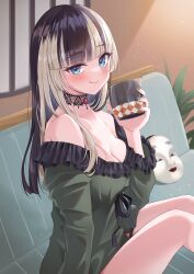 Rule 34 | 1girl, :q, absurdres, bare shoulders, black choker, black hair, blue eyes, breasts, choker, cleavage, closed mouth, couch, cup, green shirt, highres, holding, holding cup, hololive, hololive dev is, indoors, juufuutei raden, long hair, long sleeves, looking at viewer, mask, medium breasts, multicolored hair, null maru, on couch, shirt, sitting, smile, solo, thighs, tongue, tongue out, two-tone hair, virtual youtuber, white hair