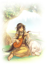 Rule 34 | 1girl, animal, player character (mabinogi), brown hair, cape, closed eyes, dog, highres, instrument, long hair, lute (instrument), mabinogi, robe, sandals, sitting, solo, tree, very long hair