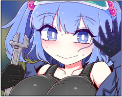 Rule 34 | 1girl, black gloves, black tank top, blush, border, breasts, bright pupils, closed mouth, commentary request, gloves, holding, holding wrench, kawashiro nitori, large breasts, looking at viewer, off shoulder, portrait, purple hair, smile, solo, sweatdrop, tank top, touhou, two side up, waving, white border, white pupils, wrench, yassy