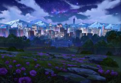 Rule 34 | absurdres, bridge, building, city, city lights, cloud, cloudy sky, fence, field, flower, flower field, grass, highres, iron fence, kevin gnutzmans, league of legends, mountain, mountainous horizon, nature, night, night sky, no humans, outdoors, road sign, rock, scenery, sign, sky, star (sky), star (symbol), star guardian (league of legends), starry sky, tree, warning sign