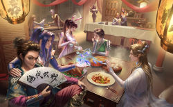 Rule 34 | 5boys, 5girls, bar (place), book, character request, chicken (food), copyright request, crossover, dai mubai (douluo dalu), douluo dalu, dumpling, everyone, folding screen, food, grass, hand fan, hand on another&#039;s shoulder, highres, holding, holding fan, man yue chuanmei, multiple boys, multiple girls, ning rongrong (douluo dalu), official art, oscar (douluo dalu), plate, pouring, scroll, sitting, smile, steam, table, tang san, vase, xiao wu (douluo dalu), zhu zhuqing (douluo dalu)