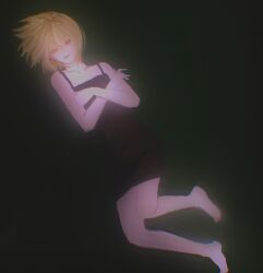 Rule 34 | 1other, alternate costume, androgynous, bare shoulders, barefoot, black background, black dress, blonde hair, crossed arms, dress, full body, gown, highres, hunter x hunter, kurapika, looking at viewer, lying, on side, red eyes, regene ta, short hair, simple background, sleeveless, solo