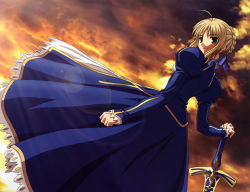 Rule 34 | 1girl, absurdres, ahoge, artoria pendragon (fate), blonde hair, blue dress, blue ribbon, braid, breasts, caliburn (fate), cloud, cloudy sky, dress, excalibur (fate/stay night), fate/stay night, fate (series), french braid, green eyes, hair ribbon, hand on sword, highres, ishihara megumi, juliet sleeves, lens flare, long sleeves, looking at viewer, looking back, medium breasts, official art, outdoors, planted sword, planted, print dress, puffy sleeves, ribbon, saber (fate), scan, sky, smile, solo, sunset, sword, weapon