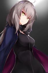 Rule 34 | 1girl, absurdres, ahoge, black dress, blue coat, breasts, coat, dress, fate/grand order, fate (series), full-length zipper, fur-trimmed coat, fur trim, gradient background, grey background, grey hair, grin, hair between eyes, highres, jeanne d&#039;arc (fate), jeanne d&#039;arc alter (fate), jeanne d&#039;arc alter (ver. shinjuku 1999) (fate), jewelry, large breasts, long hair, long sleeves, looking at viewer, nanakaku, necklace, official alternate costume, open clothes, open coat, smile, solo, wicked dragon witch ver. shinjuku 1999, yellow eyes, zipper