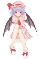 Rule 34 | 1girl, absurdres, ascot, bat wings, blush, brooch, dress, frilled sailor collar, frills, full body, gaden19, hat, highres, jewelry, knees together feet apart, light purple hair, looking at viewer, mob cap, petticoat, pink dress, pink hat, puffy short sleeves, puffy sleeves, red ascot, red eyes, remilia scarlet, sailor collar, short sleeves, simple background, solo, touhou, white background, wings