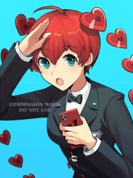 Rule 34 | 1girl, :o, ahoge, black bow, black bowtie, blazer, blue background, blue eyes, bow, bowtie, breasts, cellphone charm, charm (object), closed mouth, commentary request, commission, detached hair, hand up, heart, holding, holding phone, jacket, kuki tan, medium breasts, persona, persona 5, persona 5 scramble: the phantom strikers, phone, school uniform, short hair, shuujin academy school uniform, solo, sophia (p5s), upper body, watermark