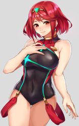Rule 34 | 1girl, breasts, competition swimsuit, covered navel, earrings, fingerless gloves, gloves, headpiece, highres, jewelry, kamu (kamuuei), large breasts, looking at viewer, nintendo, one-piece swimsuit, pyra (pro swimmer) (xenoblade), pyra (xenoblade), red eyes, red hair, short hair, sidelocks, smile, solo, swept bangs, swimsuit, tiara, xenoblade chronicles (series), xenoblade chronicles 2
