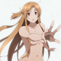 Rule 34 | 1girl, asuna (sao), braid, breasts, brown eyes, brown hair, collarbone, completely nude, female focus, french braid, long hair, looking at viewer, medium breasts, navel, nude, open mouth, outstretched arm, puge, short ponytail, solo, sword art online, upper body, white background