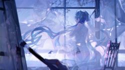 Rule 34 | 1girl, bare arms, blue hair, blurry, blurry foreground, curtains, dress, floating hair, hand in own hair, hatsune miku, highres, hitokoto, holding, holding brush, long hair, open mouth, profile, sleeveless, sleeveless dress, solo focus, twintails, very long hair, vocaloid, white dress