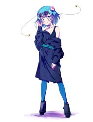 Rule 34 | 1girl, belt, belt buckle, black dress, blue hair, blue pantyhose, blush, breasts, buckle, bun cover, cleavage, closed mouth, clothes down, collarbone, dress, eyewear on head, full body, green belt, hagoromo lala, hand in own hair, highres, kyoutsuugengo, medium hair, pantyhose, pointy ears, precure, red-framed eyewear, simple background, small breasts, smile, solo, standing, star twinkle precure, sunglasses, sweatdrop, white background