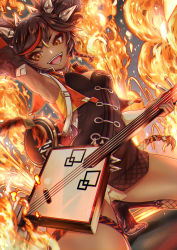 Rule 34 | 1girl, absurdres, arm up, armpits, blonde hair, blouse, braid, bro.you-yan, brown hair, dark-skinned female, dark skin, detached sleeves, dutch angle, fire, genshin impact, hair between eyes, highres, holding, holding instrument, instrument, long hair, looking at viewer, lute (instrument), multicolored hair, open mouth, parted bangs, red hair, shirt, shorts, sleeveless, sleeveless shirt, smile, solo, spikes, spread legs, squatting, thigh strap, toeless footwear, toes, two side up, v-shaped eyebrows, vest, white shorts, xinyan (genshin impact), yellow eyes