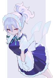 Rule 34 | 1girl, alternate hairstyle, apron, blue dress, blush, braid, breasts, closed mouth, collared shirt, commentary request, dress, falken (yutozin), frilled apron, frills, gloves, grey hair, hair between eyes, highres, izayoi sakuya, maid, maid apron, maid headdress, medium breasts, ponytail, puffy short sleeves, puffy sleeves, red eyes, shirt, short hair, short sleeves, solo, touhou, twin braids, waist apron, white apron, white gloves, white shirt