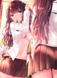 Rule 34 | 1girl, adjusting hair, ass, back, black eyes, black hair, black skirt, bow, bow bra, bra, breasts, closed mouth, commentary, dress shirt, dressing, frilled bra, frills, from behind, green ribbon, hair ornament, hair tie in mouth, hairclip, haruka natsuki, highres, long hair, long sleeves, looking at mirror, mirror, mouth hold, navel, open clothes, open shirt, open skirt, original, panties, pink bra, pink panties, ribbon, school uniform, serafuku, shirt, skirt, small breasts, solo, standing, symbol-only commentary, underwear, white shirt