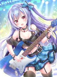 Rule 34 | 1girl, :d, aoba project, aoba rena, bare shoulders, belt, black bra, black shirt, black thighhighs, blue hair, blue skirt, bow, bra, bracelet, breasts, choker, collarbone, commentary request, cowboy shot, crop top, electric guitar, fang, fender stratocaster, garter straps, glint, guitar, hair bow, heart, instrument, jewelry, layered skirt, long hair, looking at viewer, medium breasts, midriff, miniskirt, multicolored hair, music, nail polish, navel, off-shoulder shirt, off shoulder, one side up, open mouth, plaid, plaid skirt, playing instrument, punk, red eyes, red nails, sakura moyon, shirt, skindentation, skirt, smile, solo, sparkle, stage lights, thighhighs, torn clothes, two-tone hair, underwear, v-shaped eyebrows, very long hair, white hair, zettai ryouiki
