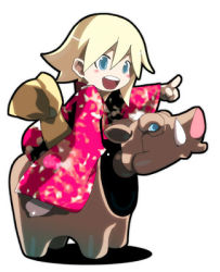 Rule 34 | 1girl, blonde hair, blue eyes, blush stickers, boar, japanese clothes, kei (keigarou), kimono, lowres, new year, open mouth, pointing, riding, simple background, solo, white background