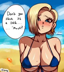 Rule 34 | 1girl, android 18, bikini, blonde hair, blue eyes, breasts, dragonball z, female focus, highres, simmsy, solo, swimsuit, text focus