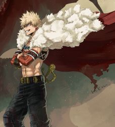 Rule 34 | 1boy, abs, armpits, bakugou katsuki, bead necklace, beads, belt, black legwear, blonde hair, boku no hero academia, capelet, earrings, fur capelet, grin, jewelry, male focus, mkm (mkm storage), multiple necklaces, muscular, muscular male, necklace, pectoral cleavage, pectorals, profile, red eyes, signature, smile, solo, spiked hair, sword, teeth, weapon