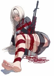 Rule 34 | 1girl, an-94, an-94 (girls&#039; frontline), aqua eyes, assault rifle, barefoot, bdsm, black bow, black hairband, blush, bondage, bound, bow, braid, braided ponytail, feet, foot focus, full body, girls&#039; frontline, gun, hair ornament, hairband, highres, long hair, long sleeves, looking at viewer, lying, open mouth, red rope, rifle, rope, shibari, shibari over clothes, shinoda giri, simple background, solo, thigh strap, thighs, toes, twitter username, watermark, weapon, white background, white hair