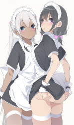 Rule 34 | 2girls, ass, bad id, bad pixiv id, black hair, bow, dark-skinned female, dark skin, from behind, hair between eyes, hair bow, long hair, looking at viewer, maid, maid headdress, multiple girls, no panties, original, pink bow, pink eyes, short hair, short twintails, simple background, thighhighs, twintails, unimon e, very long hair, white background, white hair, wrist cuffs