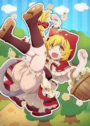 Rule 34 | 1girl, :d, ass, bandaid, bandaid on knee, bandaid on leg, basket, blonde hair, bloomers, blush stickers, boots, braid, capelet, flower, gesugesu ahoaho, highres, hood, hooded capelet, long hair, looking at viewer, monogatari (series), open mouth, oshino shinobu, pointy ears, smile, solo, tail, underwear, yellow eyes
