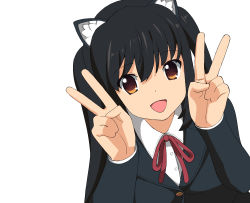 Rule 34 | 1girl, :d, a1 (initial-g), animal ears, black hair, blazer, brown eyes, cat ears, cat girl, double v, female focus, highres, jacket, k-on!, long hair, nakano azusa, open mouth, ribbon, school uniform, simple background, smile, solo, twintails, upper body, v, white background