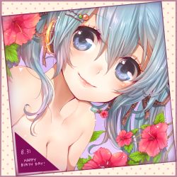 Rule 34 | 1girl, bare shoulders, blue eyes, blue hair, border, breasts, cleavage, dated, face, flower, hair ornament, hairclip, happy birthday, hatsune miku, headphones, hibiscus, lips, looking at viewer, matching hair/eyes, rojiko, smile, solo, vocaloid