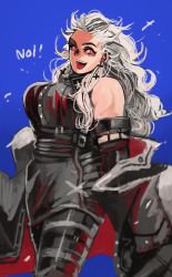 Rule 34 | 1girl, abs, blush, breasts, dorohedoro, earrings, formal, gloves, jewelry, kaitennsiki, large breasts, long hair, looking at viewer, muscular, muscular female, necktie, noi (dorohedoro), open mouth, red eyes, simple background, smile, solo, white hair