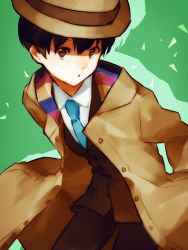 Rule 34 | 10s, 1boy, :o, bad id, bad pixiv id, black hair, blue necktie, brown eyes, coat, cowboy shot, formal, green background, hat, leaning forward, looking at viewer, male focus, moritsuka shun, necktie, occultic;nine, open mouth, shaded face, silhouette, simple background, solo, suit, toroino, trench coat