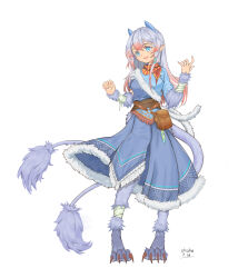 Rule 34 | 1girl, absurdres, animal feet, belt pouch, blue dress, blue eyes, breasts, claws, commentary request, da zhizhu, dress, full body, fur-trimmed dress, fur trim, grey hair, highres, horns, monster girl, multicolored hair, multiple tails, open mouth, original, pointy ears, pouch, red hair, simple background, small breasts, solo, tail, two-tone hair, two tails, white background