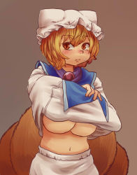 Rule 34 | 1girl, blonde hair, blush, breasts, chanta (ayatakaoisii), fox tail, hat, large breasts, multiple tails, navel, short hair, simple background, solo, tabard, tail, touhou, underboob, undressing, yakumo ran