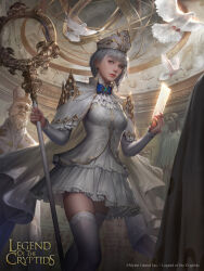 Rule 34 | 1girl, absurdres, bird, bird wings, blue eyes, dove, dress, grey hair, highres, holding, holding staff, legend of the cryptids, looking at viewer, priestess, staff, wan1, watermark, dove, white dress, wings
