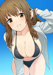 Rule 34 | 1girl, absurdres, alice gear aegis, bikini, black bikini, blue background, blush, breasts, brown eyes, brown hair, character request, cleavage, gradient background, grey shirt, hand in own hair, highres, large breasts, leaning forward, long hair, long sleeves, looking at viewer, open clothes, open shirt, parted lips, shirt, simple background, solo, sweat, swimsuit, unpasu