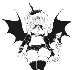 Rule 34 | 1girl, choker, cowboy shot, crown, demon tail, fingerless gloves, gloves, horns, looking at viewer, midriff, monochrome, navel, senatorwong, short shorts, shorts, sketch, solo, standing, tail, thighhighs, white background, wings