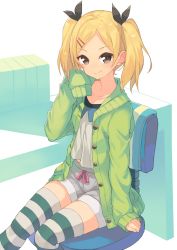 Rule 34 | 10s, 1girl, blonde hair, blush, cardigan, gradient background, grey eyes, hair ornament, hair ribbon, hairclip, highres, kame^^, long hair, looking at viewer, mole, mole under eye, ribbon, shirobako, short twintails, shorts, simple background, sitting, sleeves past wrists, smile, solo, striped clothes, striped thighhighs, thighhighs, twintails, yano erika