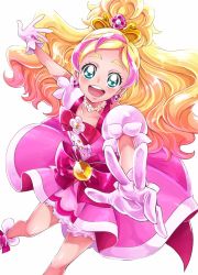 Rule 34 | 1girl, :d, blonde hair, blue eyes, blush, boots, bow, choker, cure flora, dress, earrings, eyelashes, flower, flower earrings, frilled dress, frills, gloves, go! princess precure, gradient hair, hair ornament, half updo, happy, haruno haruka, highres, jewelry, long hair, looking at viewer, magical girl, multicolored hair, open mouth, pink dress, pink hair, pink ribbon, pink theme, precure, puffy sleeves, ribbon, sharumon, simple background, smile, solo, streaked hair, tiara, two-tone hair, waist bow, white background, white gloves
