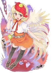 Rule 34 | 1girl, :d, ambiguous red liquid, animal, animal on head, belt, bird, black thighhighs, blonde hair, brown belt, brown footwear, chain, chick, commentary request, feathered wings, hand up, loafers, looking at viewer, miniskirt, multicolored hair, niwatari kutaka, on head, open mouth, orange skirt, puffy short sleeves, puffy sleeves, puuakachan, red eyes, red hair, shirt, shoes, short hair, short sleeves, skirt, skull, smile, solo, thighhighs, touhou, translation request, two-tone hair, white shirt, wings, yellow wings, zettai ryouiki