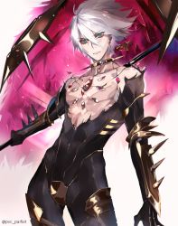 Rule 34 | 1boy, bishounen, chest jewel, collar, fate/apocrypha, fate/grand order, fate (series), green eyes, hair between eyes, holding, holding weapon, karna (fate), looking at viewer, male focus, pvc parfait, solo, spiked collar, spikes, standing, twitter username, weapon, white hair